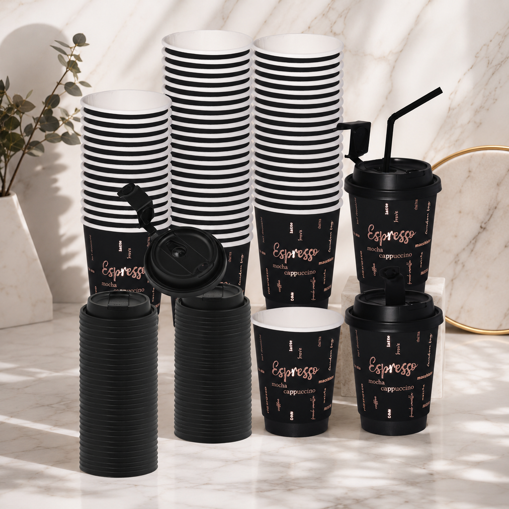 LuxxLair Premium Double-Wall Coffee Cups, 12 oz (Black)