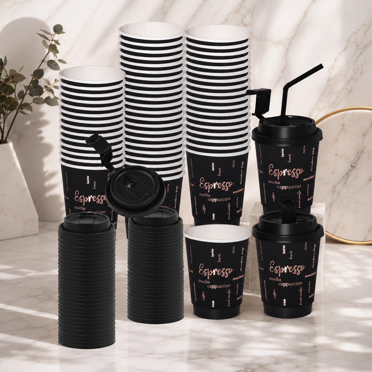 LuxxLair Premium Double-Wall Coffee Cups, 12 oz (Black)