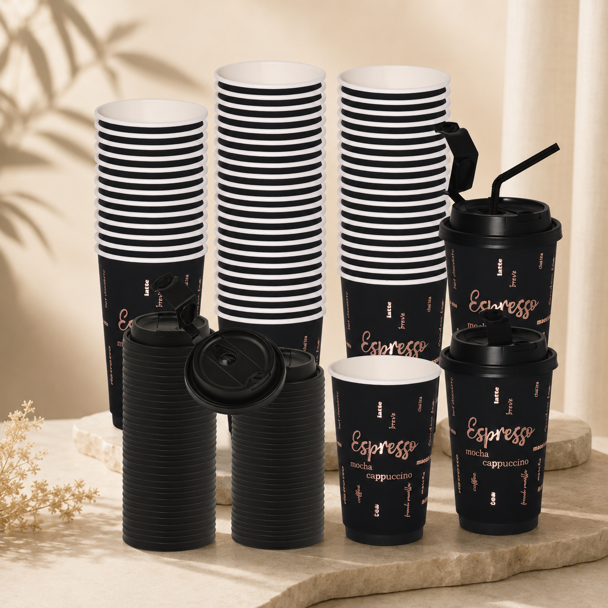 LuxxLair Premium Double-Wall Coffee Cups, 16 oz (Black)