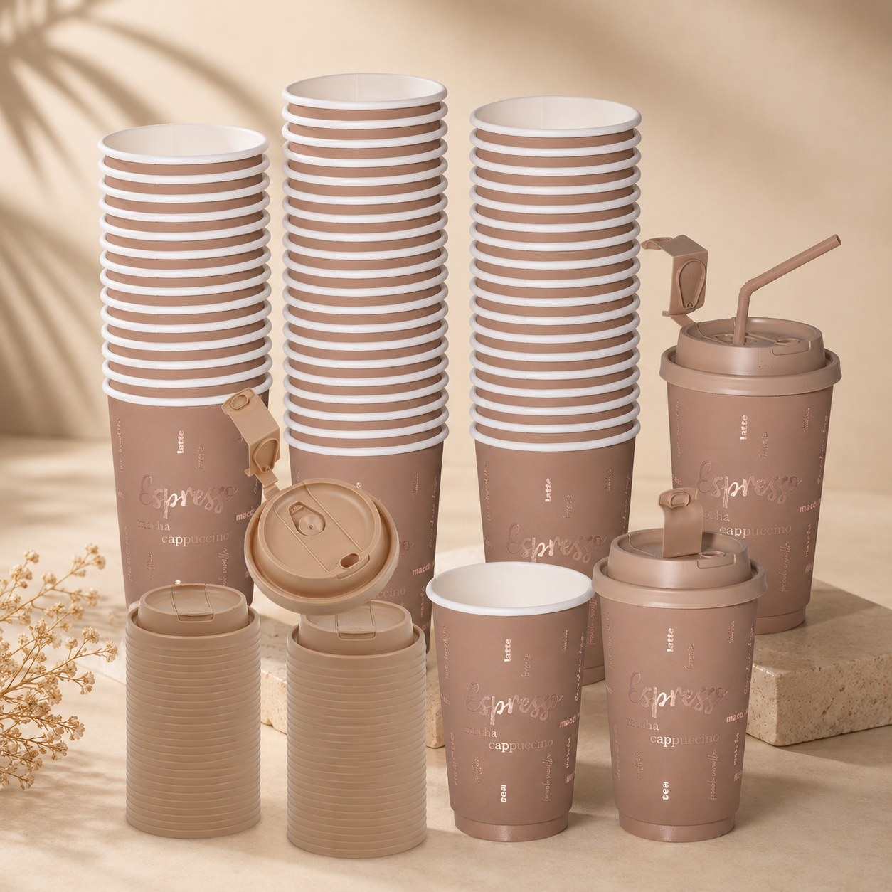 LuxxLair Premium Double-Wall Coffee Cups, 16 oz (Brown)